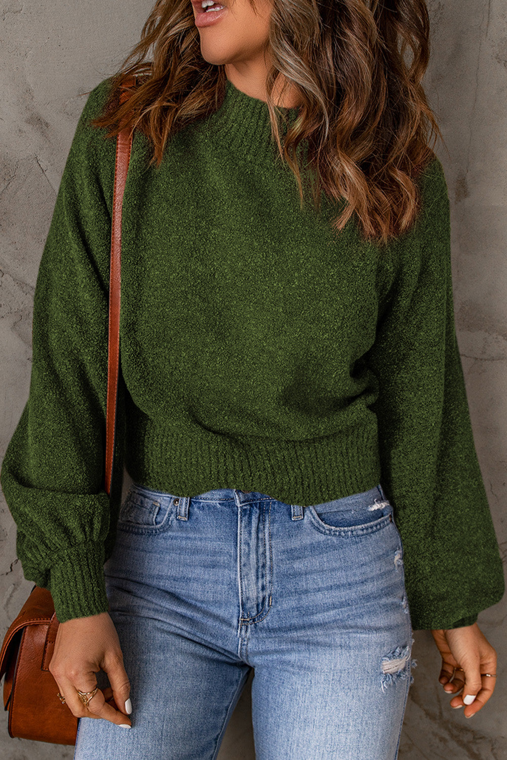 Ribbed Trim Balloon Sleeve Sweater