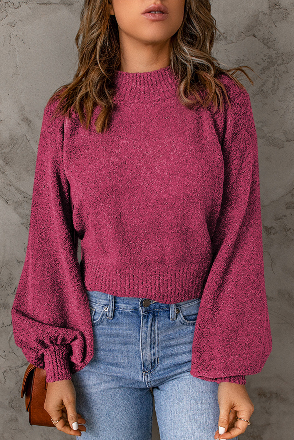 Ribbed Trim Balloon Sleeve Sweater